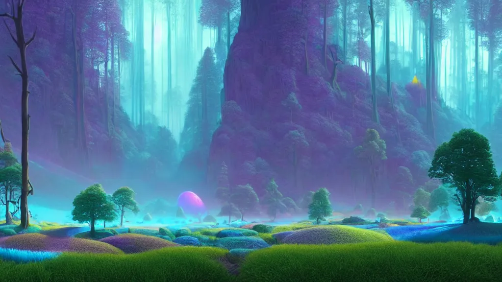 Image similar to highly detailed holographic iridescent glowing ethereal sci fi world with forests, mountains, fog at dusk, by gilbert williams, by simon stalenhag, by beeple, by bruce pennington, by moebius, octane render, with many different pastel shades of blue purple pink orange yellow green, beautiful prismatic volumetric lighting