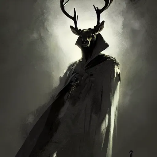 Image similar to portrait of a character wearing a black cloak, with a white deer skull mask, dramatic lighting, illustration by Greg rutkowski, yoji shinkawa, 4k, digital art, concept art, trending on artstation