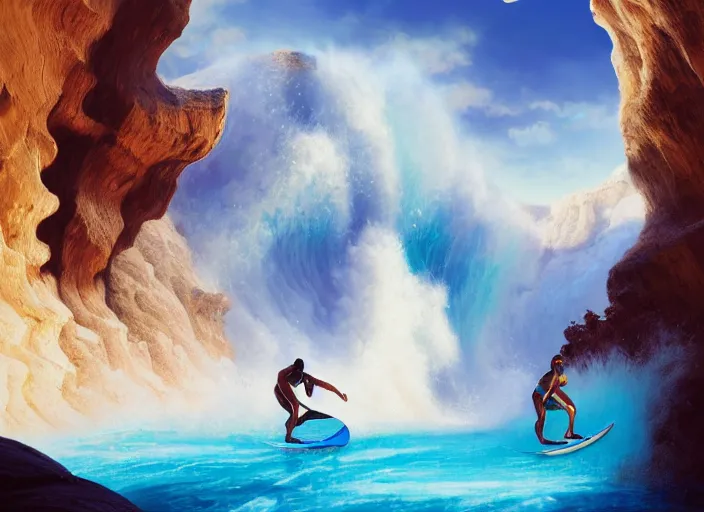 Image similar to a beautiful digital painting of a Hawaiian Warrior in a white and royal blue luxurious surfer suit, surfing a dangerous tsunami at Antelope Canyon on a chic surfboard at Pamukkale, thermal waters flowing down gold travertine terraces by greg rutkowski, award winning photo, trending on artstation, highly detailed, unreal engine, octane render