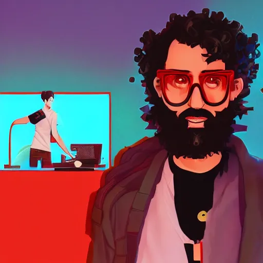 Prompt: cyberpunk curly - haired and ducktail - bearded middle eastern man with wayfarer glasses and red baseball hat dressed as a programmer next to an artificial brain on a stand, artstation, makoto shinkai and ilya kuvshinov