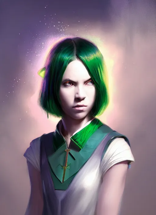Image similar to Portrait of young female sorcerer, D&D fantasy, her hair is green and styled in a Bob Cut, magic particles flutter in the air, she has a distant expression, and is wearing a shirt and vest, intricate, highly detailed, digital painting, artstation, concept art, sharp focus, illustration, art by greg rutkowski and Ross Tran