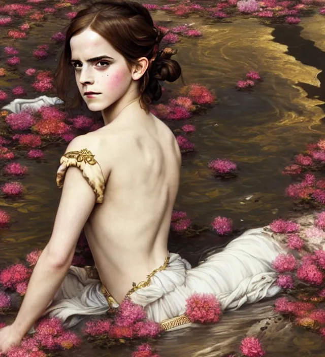 Image similar to emma watson baroque portrait of one steampunk bohemian geisha woman of porceline skin lying down in a river made of thousand of flowers, cinematic lighting, photorealistic, octane render, 8 k, depth of field, art by artgerm and greg rutkowski and alphonse mucha and uang guangjian