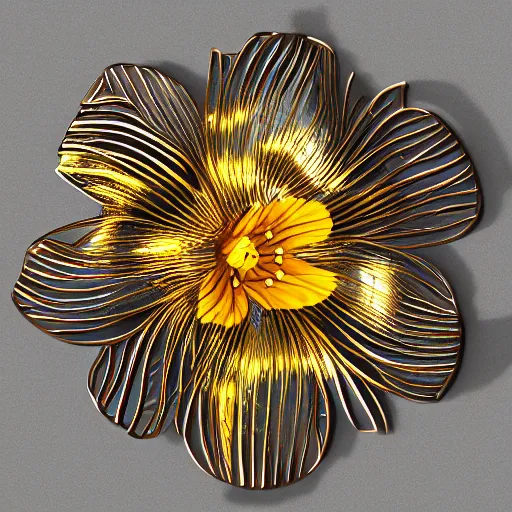 Prompt: a tiger lily flower made of metal, metallic, shiny, glowing, high detail