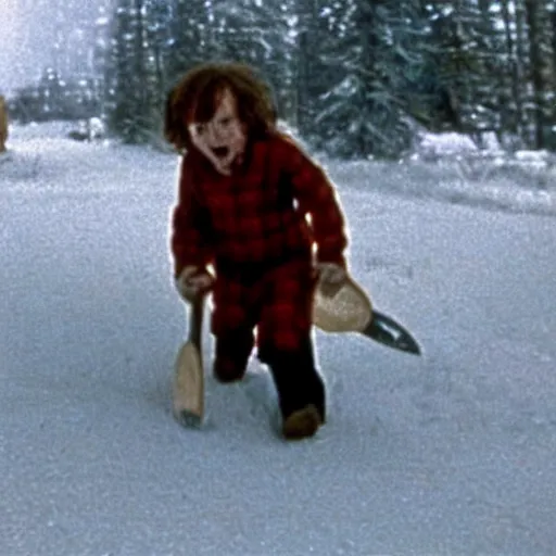 Prompt: here's johnny, breaking through the doo with an axe, in the movie the shining