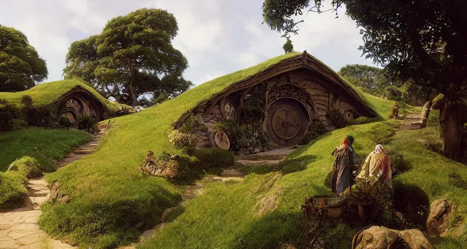 Image similar to the shire, hobbiton, intricate, wide angle, elegant, highly detailed, john park, frazetta, john howe, ruan jia, jeffrey catherine jones