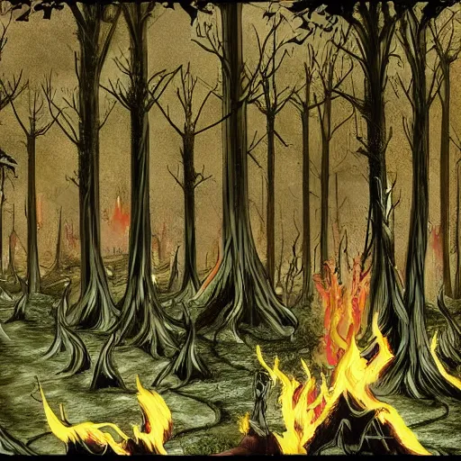 Prompt: a battle between the demon warriors and mages of hell and the angels of heaven in a magical forest. Parts of the forest is burned with charred trees. Lots of holy and damned magic is used