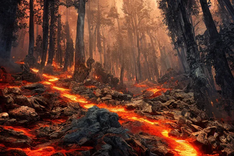 Prompt: a beautiful yet scary forest below etna, hyper detailed, orange red blue tones dramatic lighting, cgsociety, realistic, hyper detailed, insane details, intricate, dramatic lighting, hypermaximalist, golden ratio, rule of thirds, octane render, weta digital, micro details, ultra wide angle, artstation trending, 8 k,