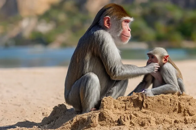 Image similar to a monkey touching a sand castle