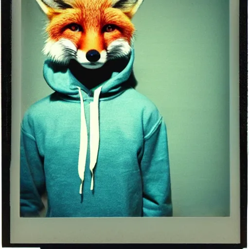 Prompt: medium-shot neat polaroid photo of a fox in a hoodie, 80s, colour, by Andy Warhol