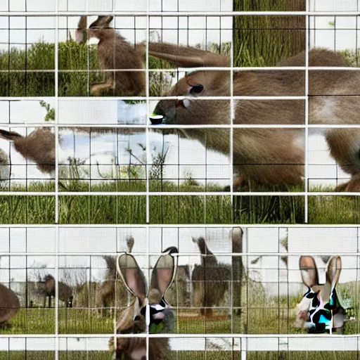 Prompt: a rabbit jumping up over a fence, film strip showing 9 stills in a grid