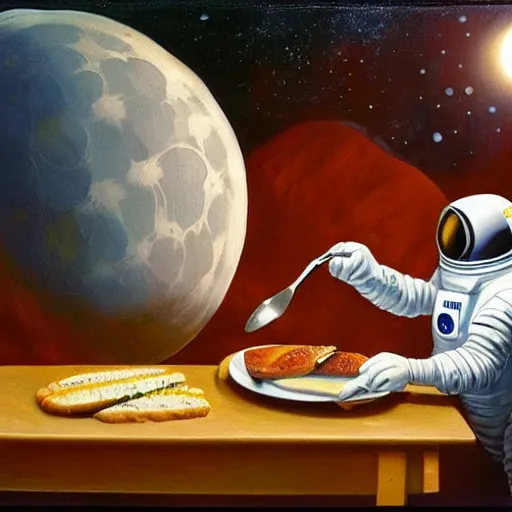 Image similar to An astronaut on the moon without his helmet eating garlic bread with knife and fork on top of a red table and earth in the background,oil painting