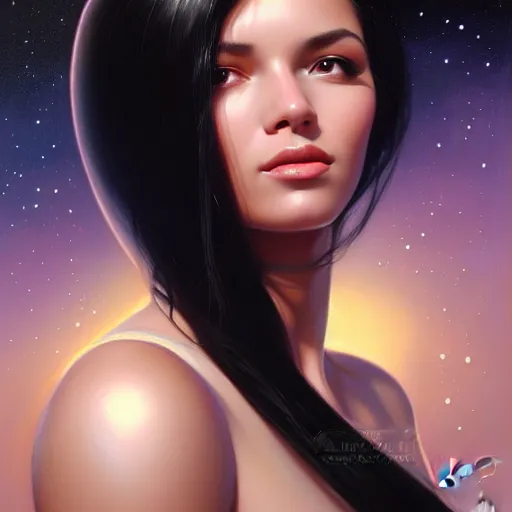 Image similar to a portrait of a very beautiful woman in a spacesuit, Alexandria\'s genesis, shoulder-length black hair, bored, illustration, soft lighting, soft details, painting oil on canvas by mark arian by artgerm, trending on artstation, 4k, 8k, HD