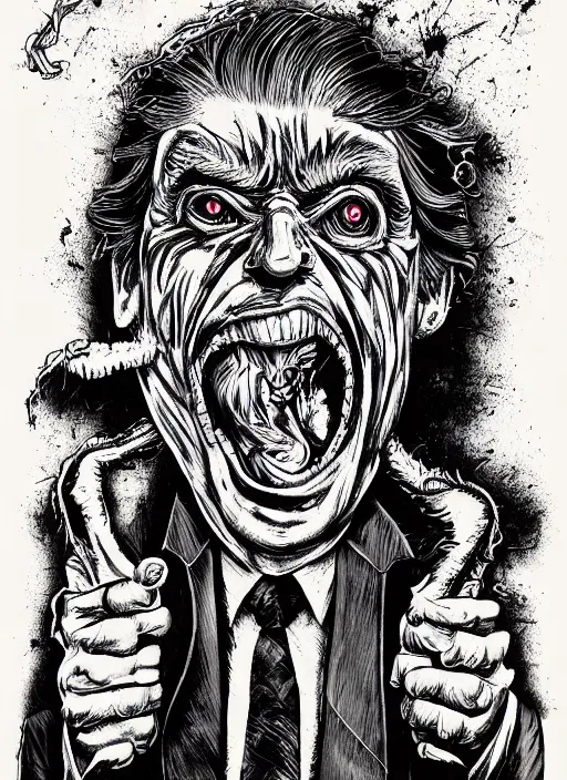Prompt: Donald Trump's disgusting true form on a 1990s horror movie poster, inking, vintage 90s print, detailed, scary, horror, screen print, trending on artstation