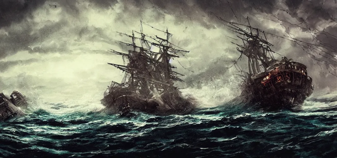 Image similar to wild ocean, ship gets pulled down by giant kraken, rainy night, dramatic lighting, cinematic, establishing shot, extremly high detail, foto realistic, pirates of the carribean, cinematic lighting, post processed, concept art, artstation, matte painting, style by studio ghibli, mysazaki