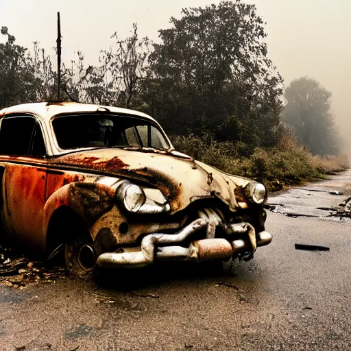 Image similar to apocalyptic, ruined town, abandoned streets, littered, mutated wildlife, decrepit homes and sheds on the side of the road, slowly being reclaimed by nature. rusted vintage cars. fog, dew, rain, volumetric lighting, beautiful, summer morning dew, sharp focus, ultra detailed, kodachrome, cgsociety - w 1 0 2 4 - n 8 - i