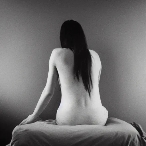 Image similar to girl is sitting on a bed with her legs crossed, a black and white photo by harriet powers, instagram contest winner, shock art, 2 0 megapixels, art on instagram, photocopy