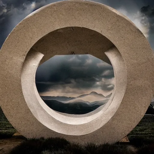 Image similar to stargate made of stone that form a circle, cinematic view, epic sky