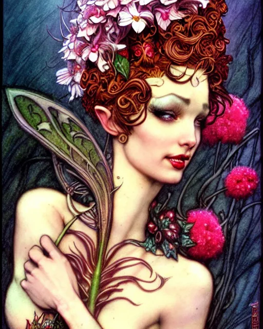 Image similar to burlesque elf, flowers in hair, fantasy character portrait, ultra realistic, concept art, intricate details, art nouveau, cinematic, highly detailed by boris vallejo, chris achilleos, arthur rackham