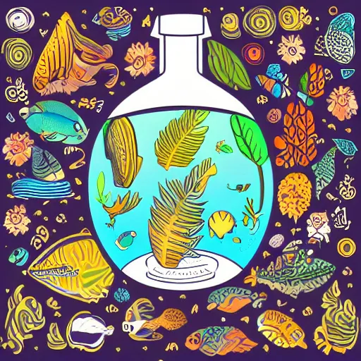 Image similar to Ecosystem in a bottle, sticker, highly detailed, colorful, illustration, drama, smooth and clean vector curves, no jagged lines, vector art, smooth