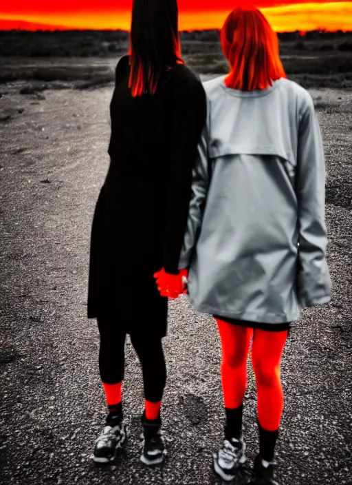 Image similar to cinestill 5 0 d photographic portrait of 2 women holding hands, wearing black techwear in front of a brutalist brushed metal building, closeup, on a desolate plain with a red sky, dystopia, cyberpunk, closeup, depth of field, 4 k, 8 k, hd, full color