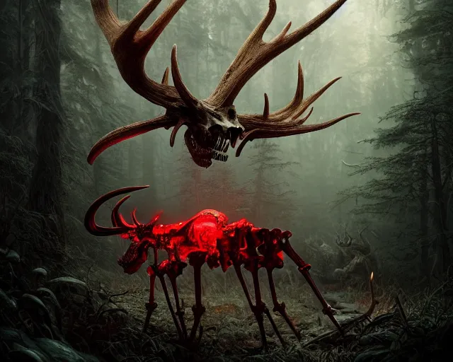 Prompt: 5 5 mm portrait photo of an armored demonic rat skeleton with antlers and red eyes, in a magical forest. magical atmosphere. art by greg rutkowski. highly detailed 8 k. intricate. lifelike. soft light. nikon d 8 5 0.