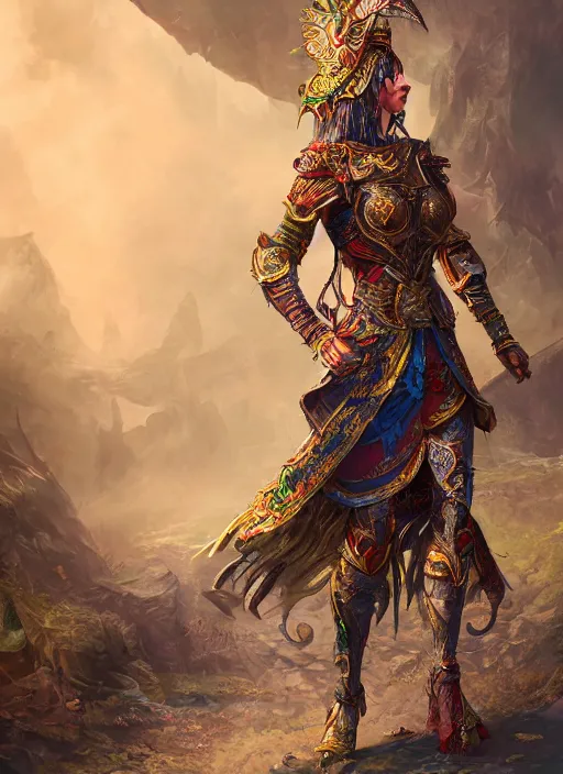 Image similar to detailed full body concept colorful fantasy painting of a female warrior in intricate clothing, cinematic lighting, hyperdetailed, 8k, high resolution, insanely detailed and intricate, octane render