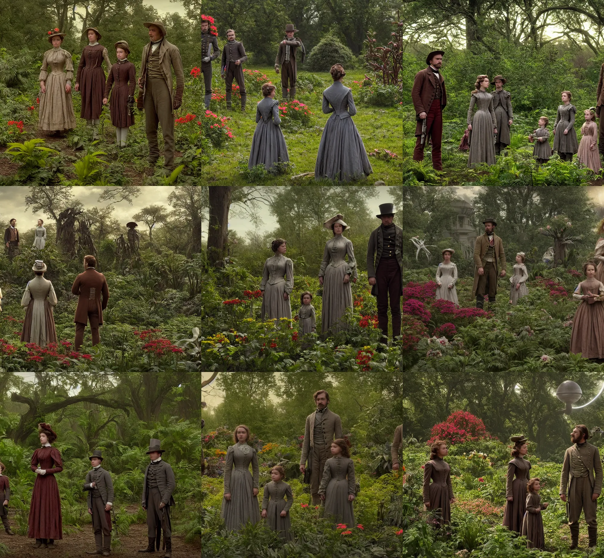 Prompt: sharp, highly detailed, film from a 2 0 1 9 sci fi 8 k movie, set in 1 8 6 0, a family standing in a park on a strange alien planet, surrounded by alien plants and flowers, wearing 1 8 6 0 s clothes, good lighting, in focus, reflective eyes, 3 5 mm macro lens, live action, nice composition