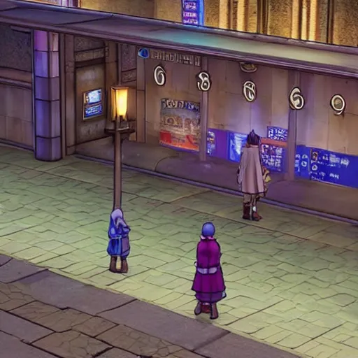 Image similar to a some people waiting in a lone bus stop in quiet dark city night in Dragon Quest XI, detailed