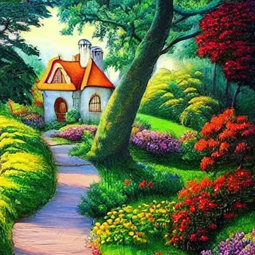 Prompt: a fairytale house, a path leading to the house in curve shape, painting art work, very fantastic art, colors very soft and attractive