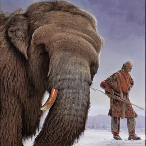 Image similar to vladimir putin, unga bunga mammoth hunting, macabre, by donato giancola and greg rutkowski and wayne barlow and zdzisław beksinski, realistic face, digital art