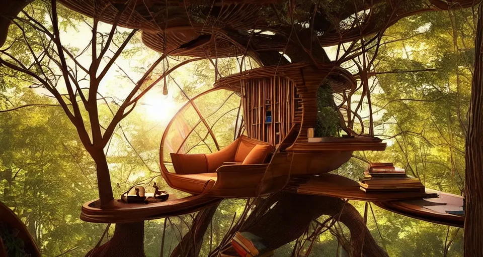 Image similar to An incredibly beautiful scene from a 2022 sci-fi film featuring a cozy art nouveau reading nook in a fantasy treehouse interior. Scattered books and cushions. A tree trunk. Suspended walkways. Golden Hour. 8K UHD.