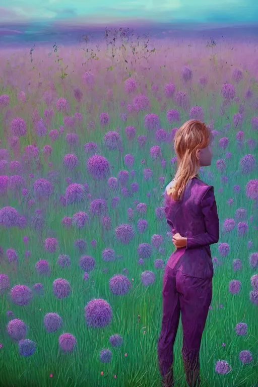 Prompt: portrait, large thistle flower head, a girl in a suit in field of flowers, surreal photography, sunrise, blue sky, dramatic light, impressionist painting, digital painting, artstation, simon stalenhag