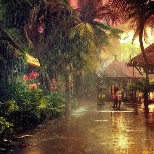 Image similar to monsoon on tropical island, ornate, beautiful, atmosphere, vibe, mist, smoke, fire, chimney, rain, wet, pristine, puddles, melting, dripping, snow, creek, lush, ice, bridge, forest, roses, flowers, by stanley artgerm lau, greg rutkowski, thomas kindkade, alphonse mucha, loish, norman rockwell