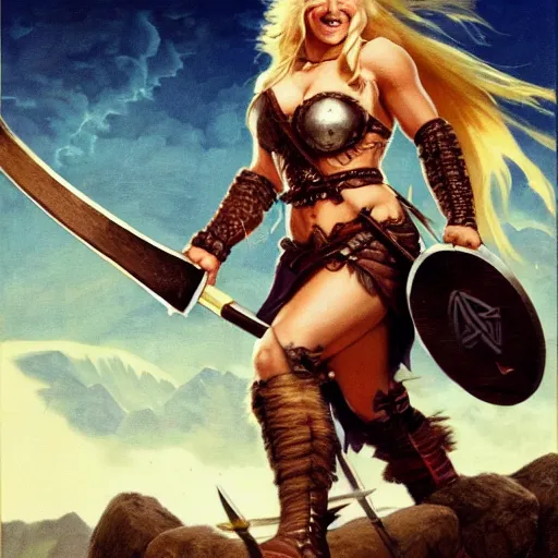 Prompt: a detailed picture of a beautiful and tough looking blonde viking woman, carrying a large axe above her head, elegant, smiling playfully, burning village in the background, night time raid, 8 k, artstation, fine detail, art by frank frazetta