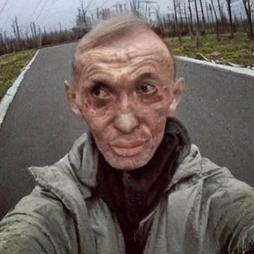 Image similar to last selfie of last alive scared ukrainian very damaged body to bones running from nuclear explosion