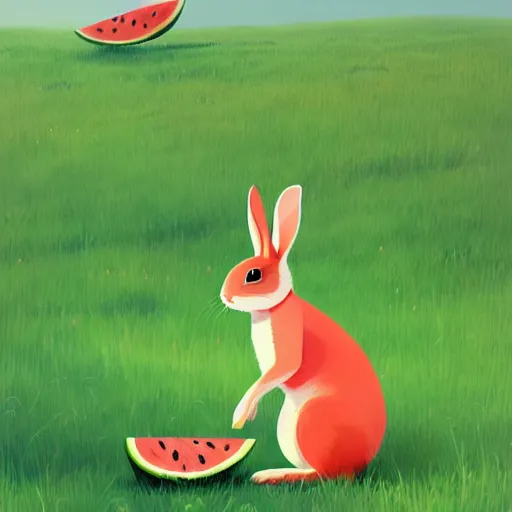 Image similar to a cute rabbit eating watermelon on the green meadow, a storybook illustration by goro fujita and atey ghailan