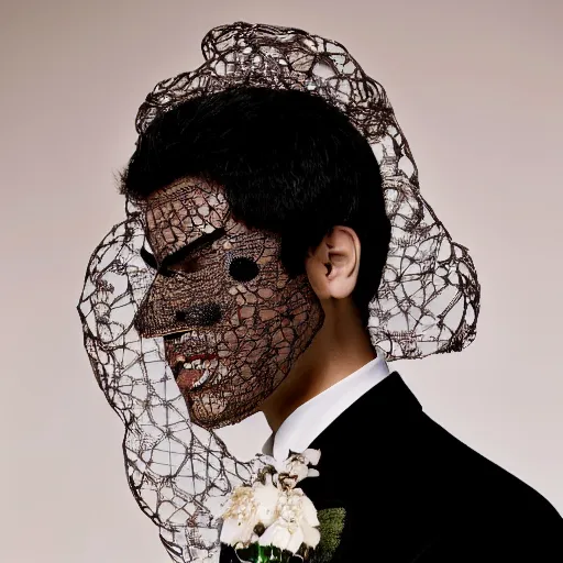 Image similar to a beautiful egyptian young male wearing a translucid lace wedding mask designed by alexander mcqueen, photographed by andrew thomas huang for a fashion editorial