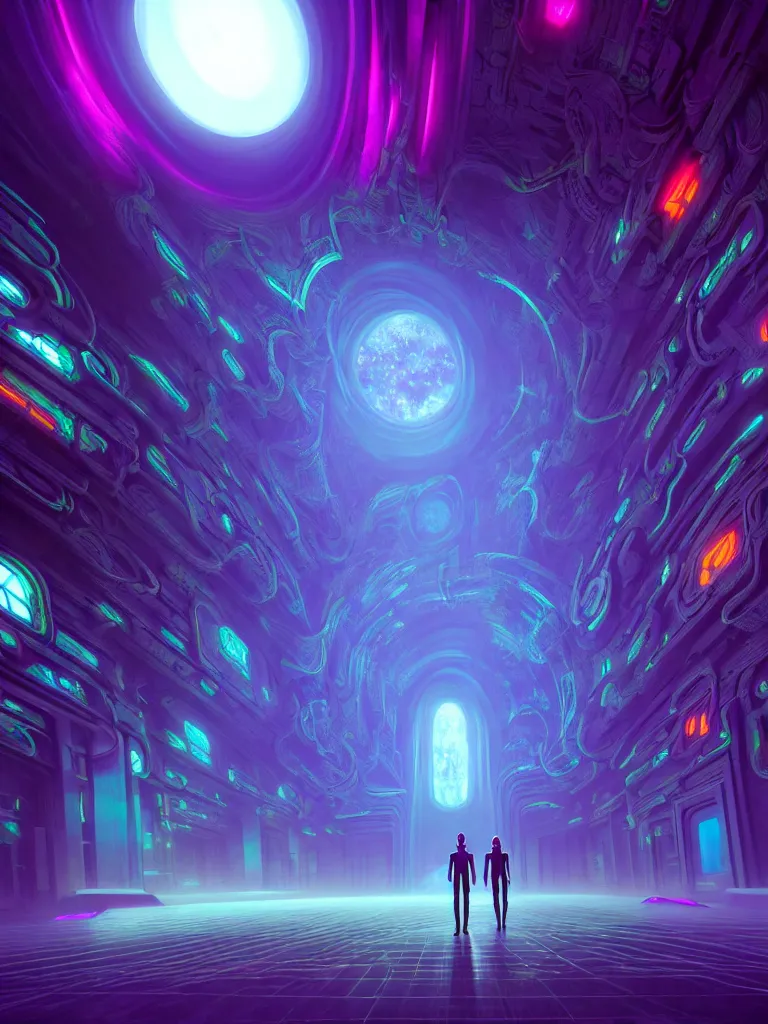 Image similar to entrance to ethereal realm, matrix enlightenment, rendered in unreal engine, central composition, symmetrical composition, dreamy colorful cyberpunk colors, 6 point perspective, fantasy landscape with anthropomorphic!!! terrain!!! in the styles of igor morski, jim warren and rob gonsalves, intricate, hyperrealistic, volumetric lighting, neon ambiance, distinct horizon