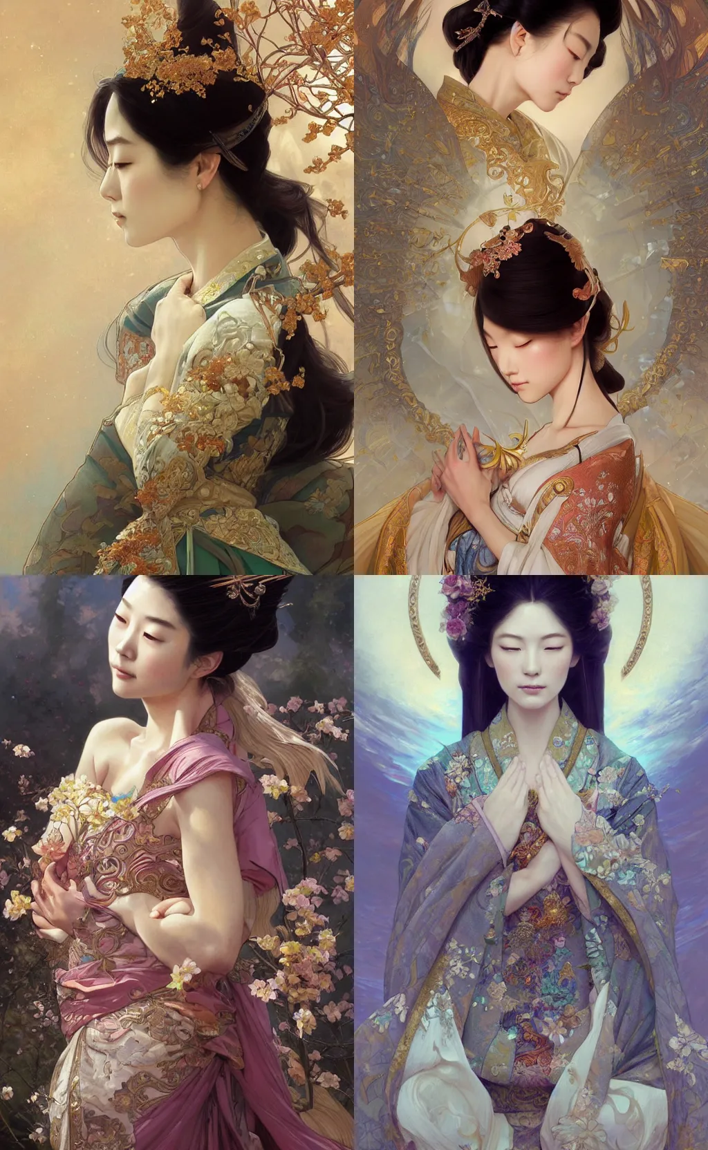 Prompt: oil painting of japanese princess, peaceful expression, ornate details, fantasy, intricate, elegant, whimsical, highly detailed brushstrokes, digital painting, artstation, concept art, smooth, sharp focus, illustration, art by charlie bowater and artgerm and greg rutkowski and alphonse mucha