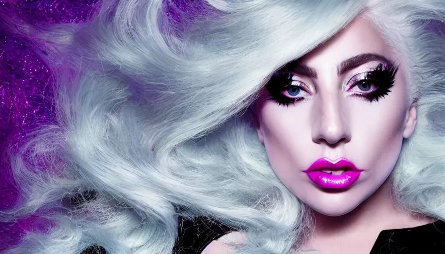Prompt: lady gaga with long white hair , an album cover by Hedi Xandt, featured on vanity fair, holography, smokey background, matte background, seapunk High resolution. Highly detailed. Dramatic. 8k.4k.