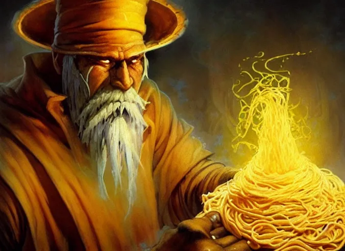 Image similar to magic : the gathering fantasy character concept art of the great pasta wizard by franz frazetta, high resolution. a clear portrait of powerful, mysterious wizard made out of noodles and pasta, flour and egg yolk magic fractals in background, fantasy coloring, intricate, digital painting, artstation, smooth, sharp focus