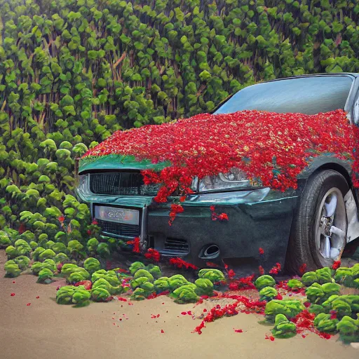 Prompt: a car being destroyed by flower covered vines, heonhwa choe, photorealistic