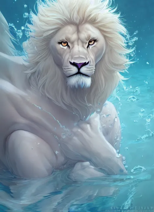Prompt: award winning beautiful portrait commission of a muscular male furry anthro albino lion drowning underwater while wearing white silky flowy cloth with beautiful hyperdetailed face. Character design by charlie bowater, ross tran, and makoto shinkai, detailed, inked, western comic book art