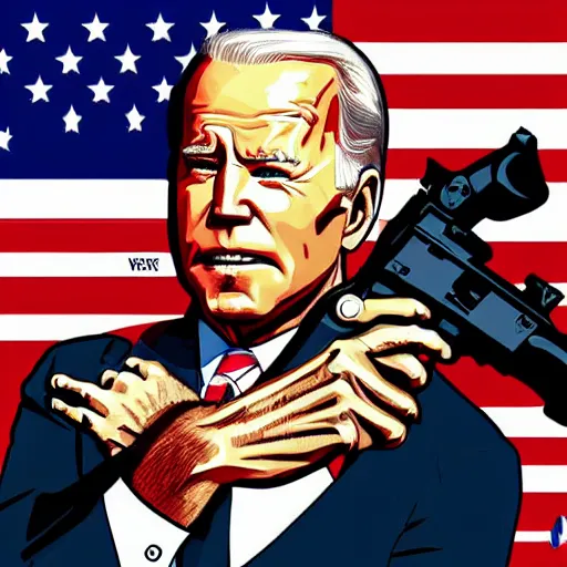 Image similar to illustration gta 5 artwork of joe biden holding a gun, in the style of gta cover art, by stephen bliss