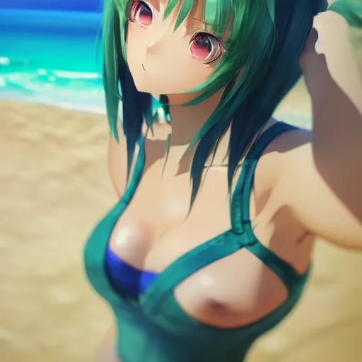 Image similar to render as a very beautiful 3d anime girl, short green hair, azure blue eyes, full round face, short smile, casual clothes, serene beach setting, cinematic lightning, medium shot, mid-shot, highly detailed, trending on Artstation, Unreal Engine 4k, cinematic wallpaper