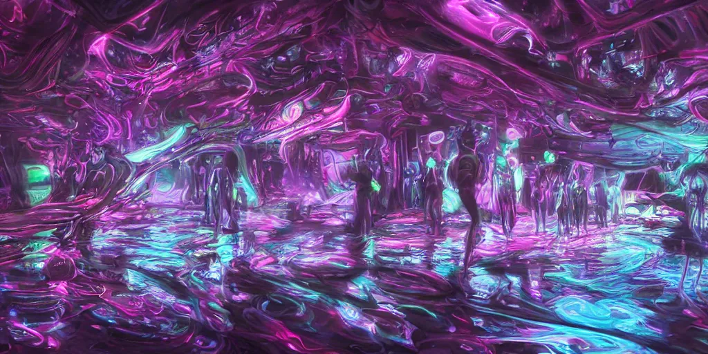 Image similar to art, groups of androids with glowing blacklight bodies, from behind, rebirth, beauty, wide angle, elaborate, wet, highly detailed, smoke, steam, reflections, vivid colors, beautiful lighting