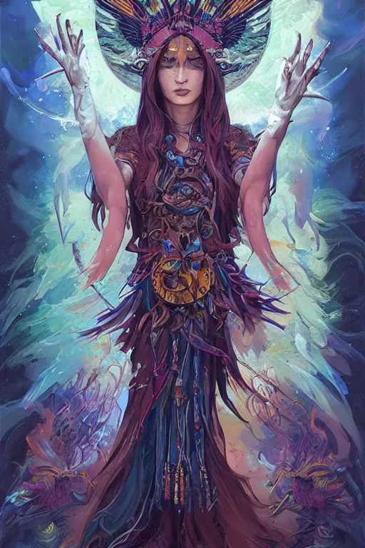 Image similar to shamanic priestess tarot card design by artgerm, tooth wu, dan mumford, beeple, wlop, rossdraws, james jean, marc simonetti, artstation giuseppe dangelico pino and michael garmash and rob rey and greg manchess and huang guangjian and makoto shinkai