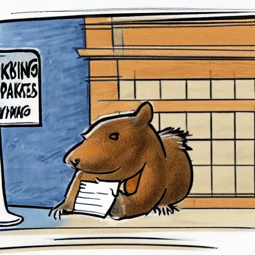 Image similar to court sketch of a capybara defending a parking ticket in a court room