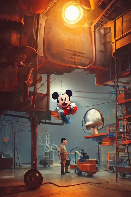 Prompt: workers / mechanic working on mickey mouse giant head, big red glowing netflix logo in behind wall, low cinematic lighting, front lit, beeple, cgsociety, unreal engine, octane render, trending on art station, highly detailed 4 k art, intricate, hyperr realistic