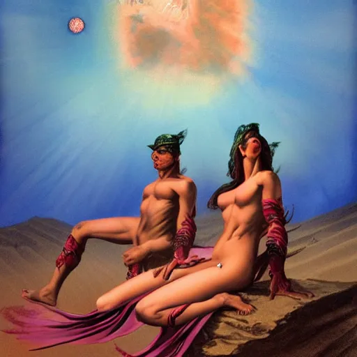 Image similar to Silk sheet desert ecstasy Bedouin under crimson azure diamond sky, in the style of Frank Frazetta, Jeff Easley, Caravaggio, extremely clear faces coherent, clear lines, 8K revolution